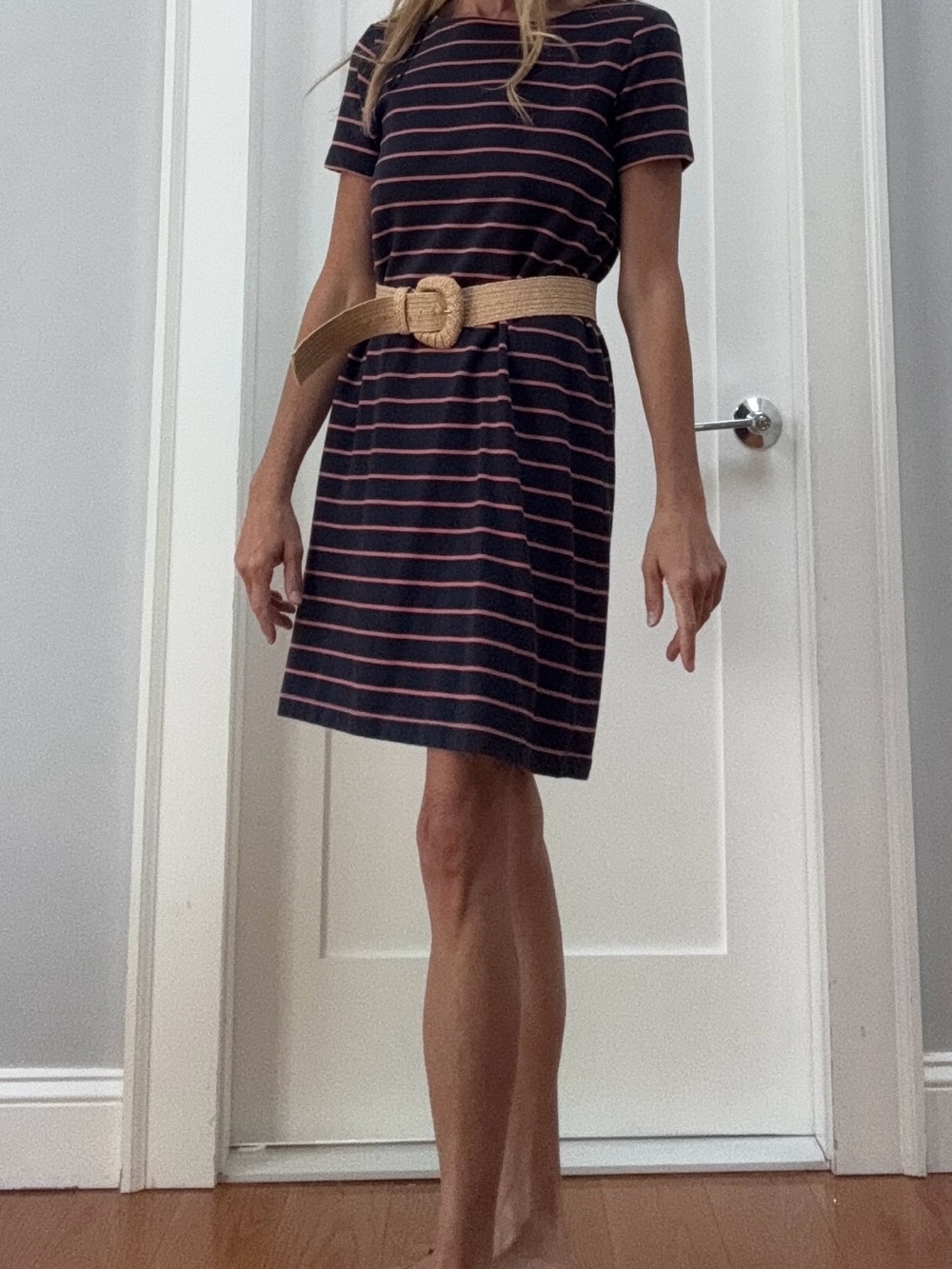 Striped Short Sleeve Navy and Coral Dress